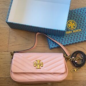 Tory Burch Soft Pink Quilted Crossbody baguette Bag